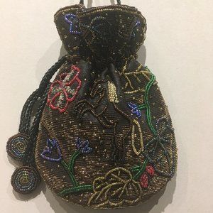 VINTAGE BOHO STYLE BEADED DRAWSTRING BAG